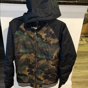 Burton Black and Camouflage Hooded Jacket for youth’s .Size L 14/15